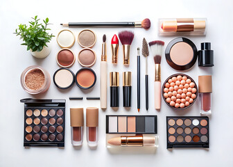 Full cosmetic flatlay set isolated on clean white background, minimalist aesthetic