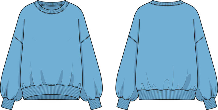 Blue Crewneck Sweatshirt Vector, Dropped Shoulder Technical Flat with Voluminous Bubble Sleeves Apparel