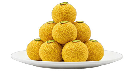 Yellow Laddu Stack on White Plate isolated on a transparent background