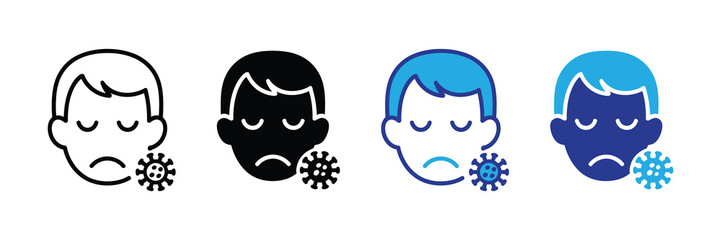 Set of icons representing a sad face with closed eyes next to a virus symbol, symbolizing illness, sickness, and the covid-19 pandemic