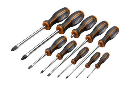 Screwdriver set with dual-material handles and clear grips for easy toolbox visibility.