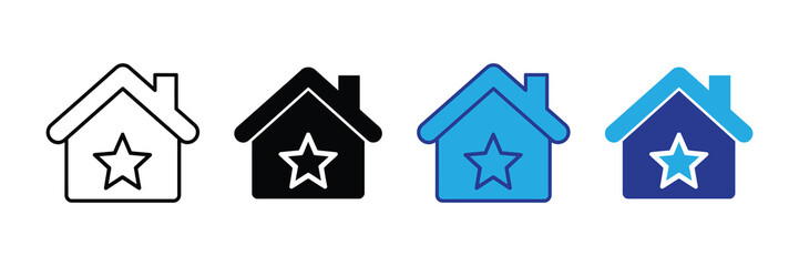 House icon with star symbol variations: outline, solid black, bright blue, and dark blue, representing quality and favorites.