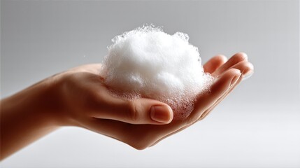 Close-up studio shot of a hand holding a soft foam soap mound against a clean white background, focus on thumb and index finger with gentle shadows adding depth