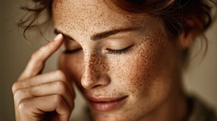 Beauty close-up of a freckled woman touching her forehead with a fingertip coated in face cream, neutral beige backdrop and soft side lighting emphasizing natural skin texture