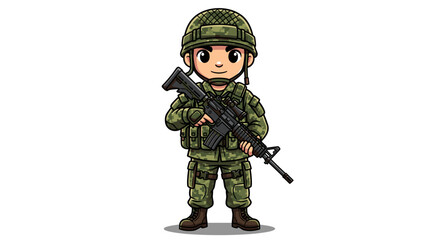Obraz premium Cartoon Soldier Standing Guard with Rifle on Duty, Illustration for Military, Defense, and Security Projects, Vigilant Protector in Camouflage Gear, Isolated on White Background for Presentations and