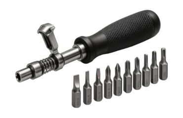 Screwdriver set with spring-loaded holder for fast bit changes.