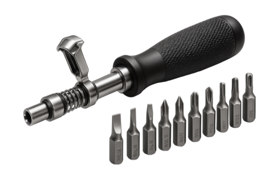 Screwdriver set with spring-loaded holder for fast bit changes.
