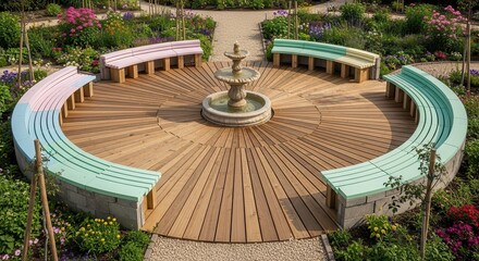 Circular wooden terrace features tiered seating surrounding a tiered stone fountain in a vibrant garden setting