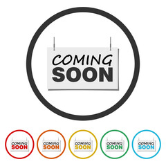 Coming soon Banner. Set icons in color circle buttons