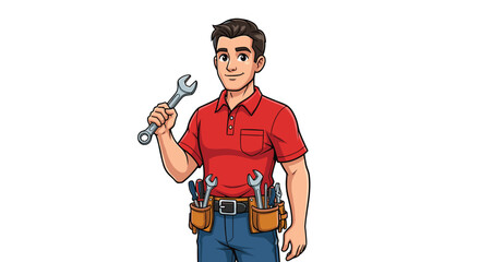 Smiling Cartoon Tradesman Holding Wrench: Maintenance Professional Repairing, Ready for Plumbing Services, Skilled Technician in Red Polo with Toolbox Belt for Construction Presentation, Trades, Engin
