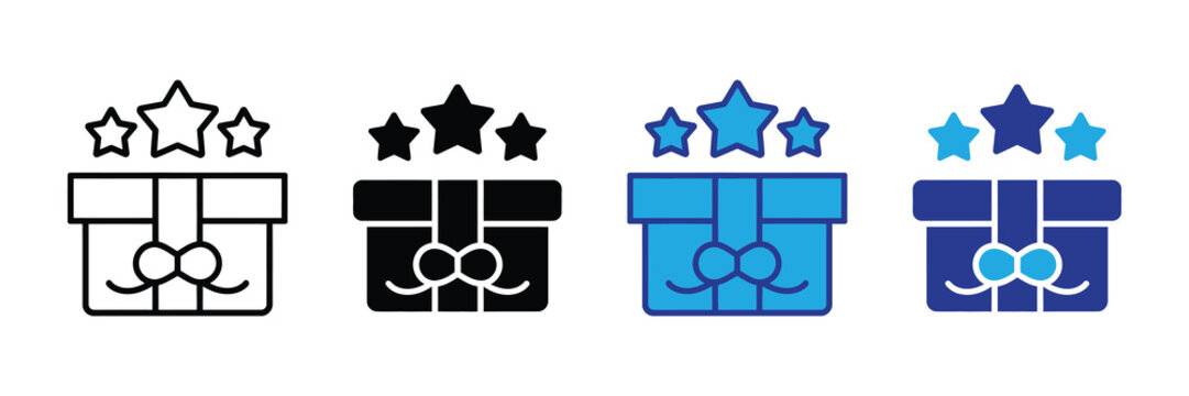 Gift box with three stars on top, icon representing reward, surprise, celebration, and special offer, isolated vector graphic