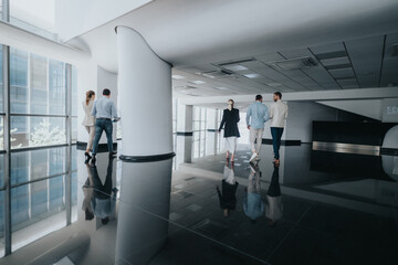 Obraz premium A group of people walks through a spacious, contemporary office lobby, reflecting on the polished floor and bright windows, conveying movement, collaboration, and urban work life.