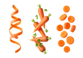 Collection of fresh carrots showing peeling, whole vegetables with green tops, and sliced rounds, isolated on transparent background