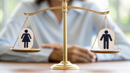Social Security Contribution Concept. A balance scale depicting gender symbols representing equality and justice.