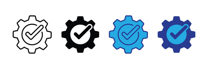 Gear with checkmark icon symbolizing successful process, workflow, and task completion in different styles and colors