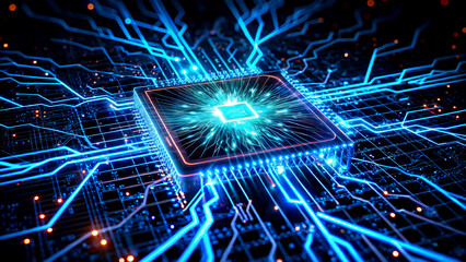 Modern microchip processor with glowing blue light abstract technology background for computer science and artificial intelligence high tech vector illustration