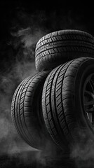 Close-up of four tires on a black background. Frosty fog. Studio photo.