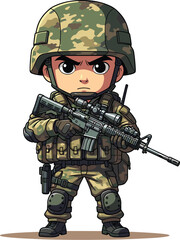 Obraz premium Cartoon Soldier Holding Rifle in Camouflage Gear Ready for Battle, Military Mascot Character Illustration Isolated on White Background for War Game, Army Training, Defense, and National Security Campa