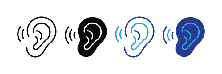 Set of four ear icons with sound waves, representing hearing, listening, audio, and sound reception in various styles, isolated