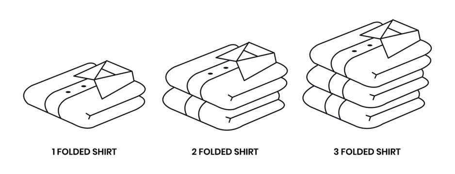 Folded shirt clothes icons set. Stack of folded shirts icons. Folded shirt clothes logo, label, badge, sign, symbol, emblem, stamp, black, flat, line, vector isolated illustration on white background.