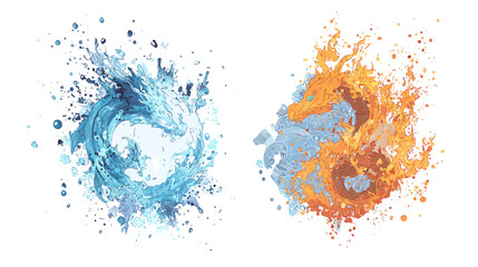Abstract elemental dragons: fiery orange and icy blue water splashes forming mythical creature shapes, representing power and contrast.