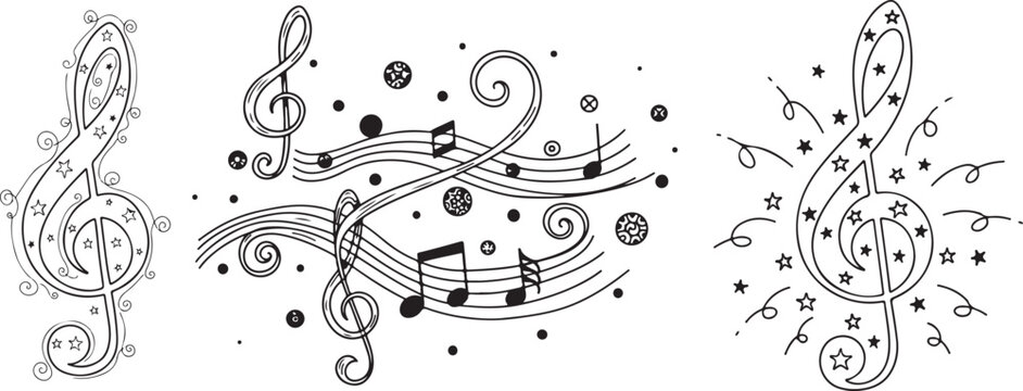 Decorative Musical Elements Collection with Treble Clefs Notes Stars Swirls