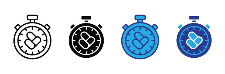 Stopwatch icon with pills inside, representing medicine timing, health, medical treatment, and time management in healthcare, isolated on white.