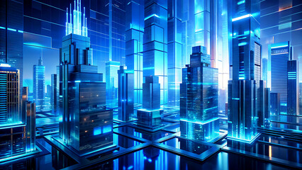 Futuristic city skyline with glowing blue lights a digital cityscape concept ideal for technology and innovation backgrounds