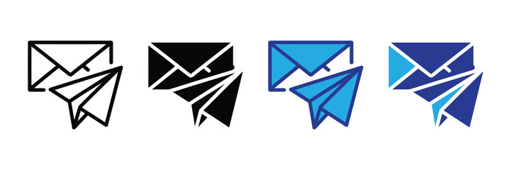Set of email icons with paper airplane symbolizing sending and receiving messages, communication, and correspondence, vector illustration