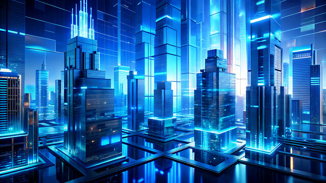 Futuristic city skyline with glowing blue lights a digital cityscape concept ideal for technology and innovation backgrounds