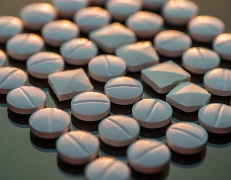 Close-Up View of Round Pink Tablets on Dark Reflective Surface