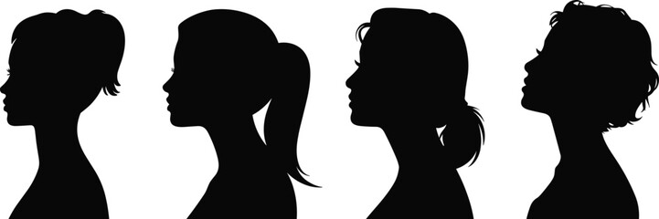 Four distinct female profile silhouettes showcasing different modern hairstyles like ponytail, bob, and short curly hair vector.