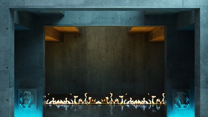 Naklejka premium Futuristic Concrete Fireplace Hall with Lion Statues