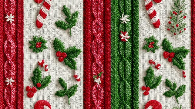 A knitted pattern of red, green, and white with Christmas decorations. The red and green stripes are the background and the white stripe is the foreground. The decorations include holly leaves