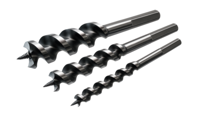 Spiral fluted auger bit set for deep hole drilling in woodworking.
