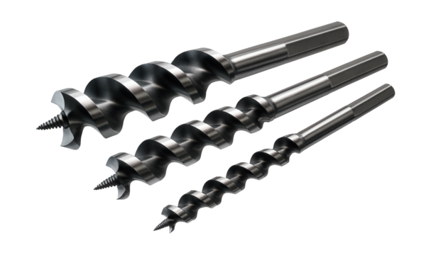 Spiral fluted auger bit set for deep hole drilling in woodworking.