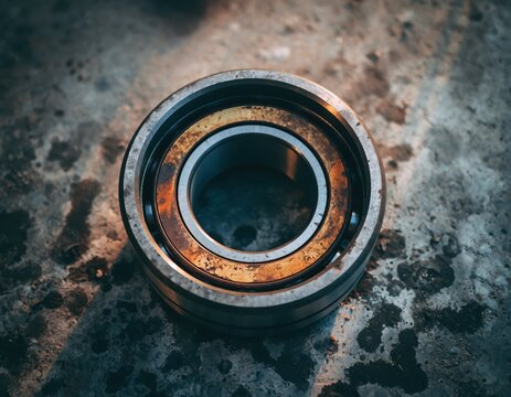 Rusty Mechanical Bearing on a Textured Metal Surface in Low Light