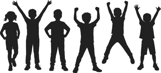 Group of happy children and kids silhouettes jumping and standing with arms raised, celebrating joy and fun vector.