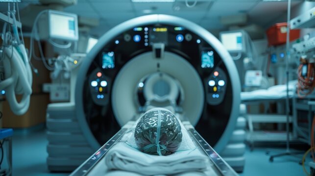 Advanced mri or ct scan medical imaging equipment in hospital lab with space for text or graphics