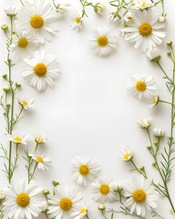 White daisy flowers arranged in a border against a clean white background