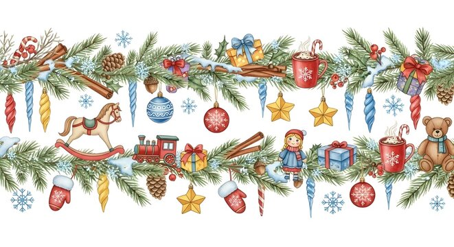 Watercolor christmas garland with ornaments toys and pine branches for festive decor