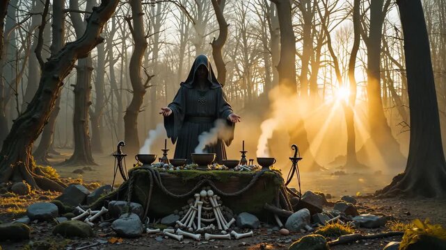 Hooded figure performing dark ritual at altar with candles and smoke in eerie forest. Occult and witchcraft concept