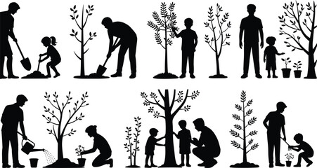 People planting trees and saplings, family caring for environment, Earth Day vector silhouette collection.
