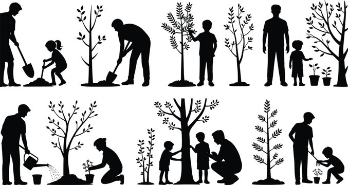 People planting trees and saplings, family caring for environment, Earth Day vector silhouette collection. - Powered by Adobe
