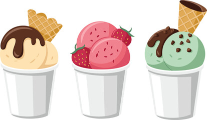 Three individual ice cream cups featuring vanilla, strawberry, mint chocolate flavors, perfect summer dessert vector illustration.