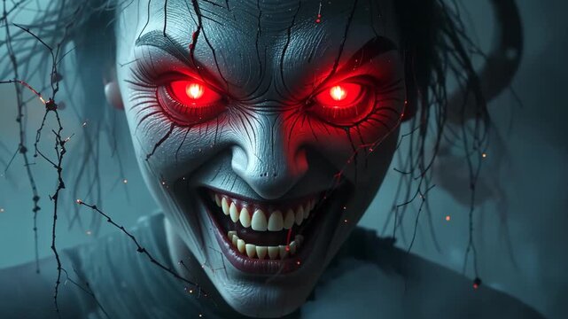 Demonic face with glowing red eyes and terrifying grin in dark background, horror creature close-up. Creepy nightmare atmosphere