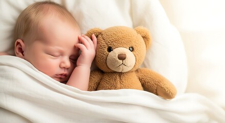 Adorable newborn baby sleeping peacefully with beloved teddy bear companion