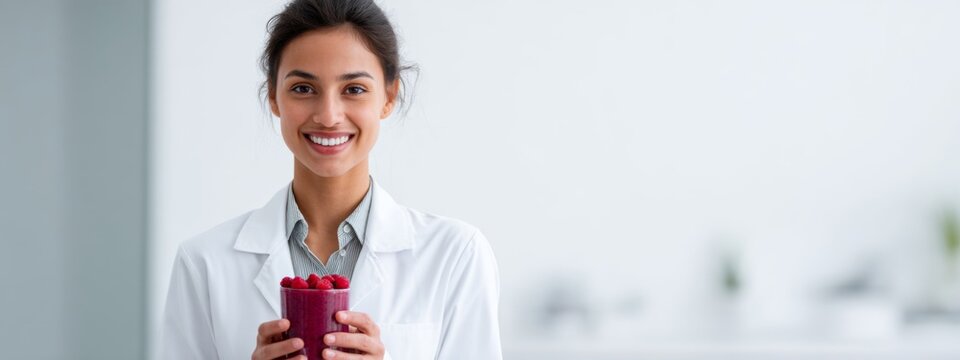 Wellness Consultant Offering Fresh Smoothie Made with Raspberries for Healthy Living and Nutrition Guidance