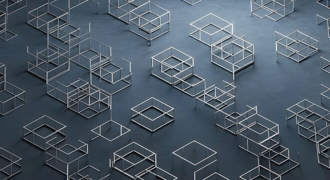 Modern 3D Silver Wireframe Cube Repeating Pattern on Dark Blue Velvet