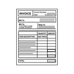 Black and white line art template of a blank invoice document isolated on